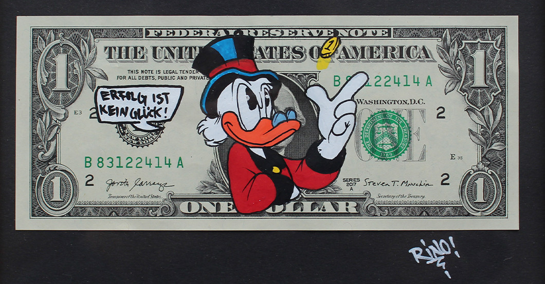 Einmaliger Dollarschein mit handgemalter Comicfigur „Dagobert Duck“