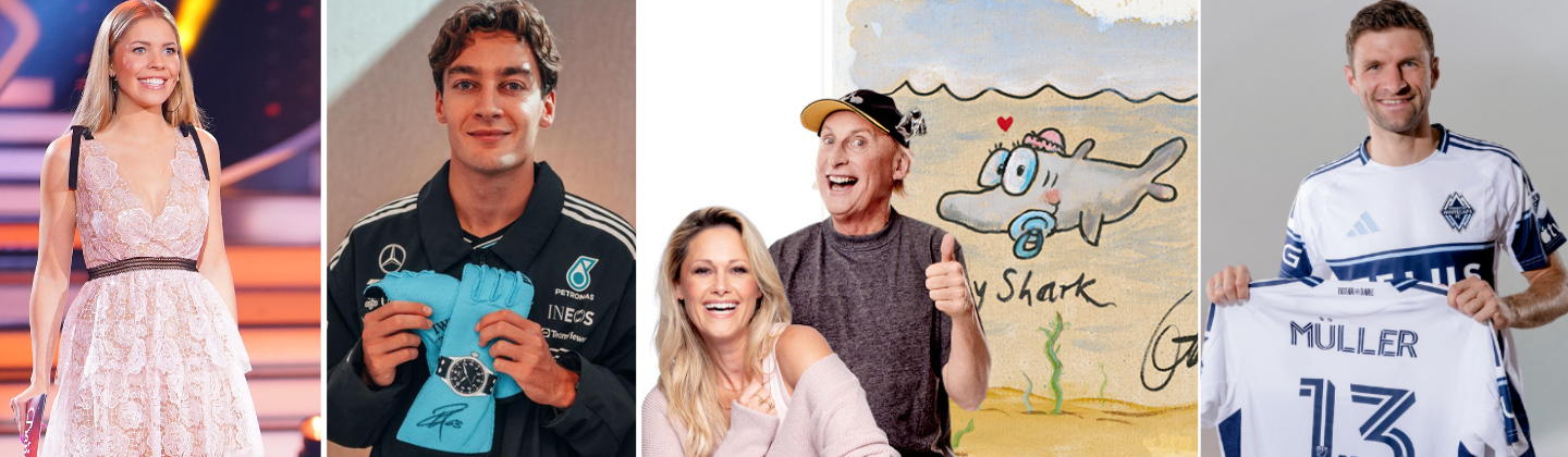 Einmalig: verschenken Sie Signiertes von Stars wie exklusive Kunstwerke, getragene Trikots, Sport-Raritäten und Events